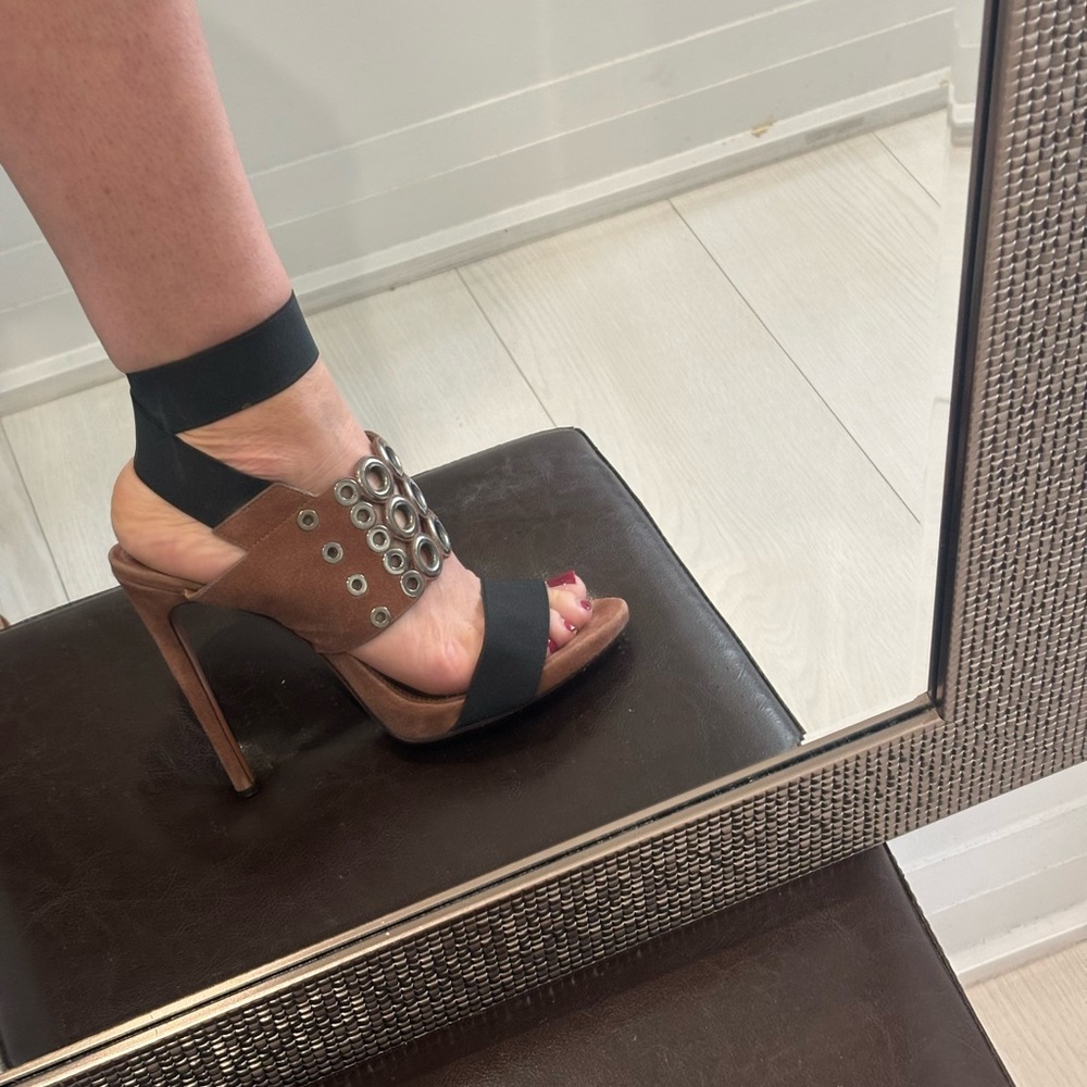ALAIA Suede Combo Strap Sandals w Metal Grommets- 120 mm Heel